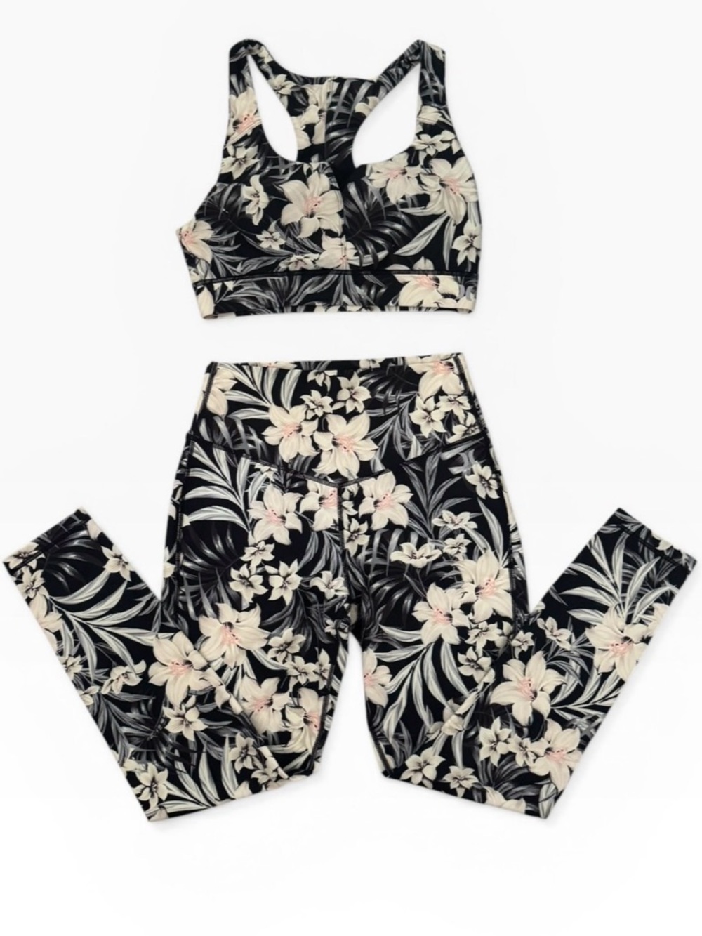 Hurley Floral Sports Bra & Leggings Set Black Cream Tropical 🪷